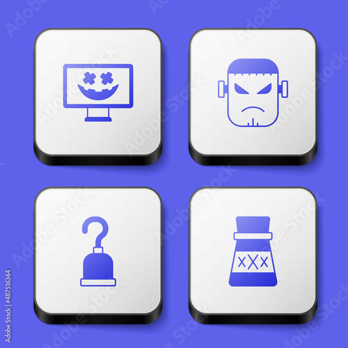 Set Happy Halloween holiday, Frankenstein face, Pirate hook and Bottle with potion icon. White square button. Vector