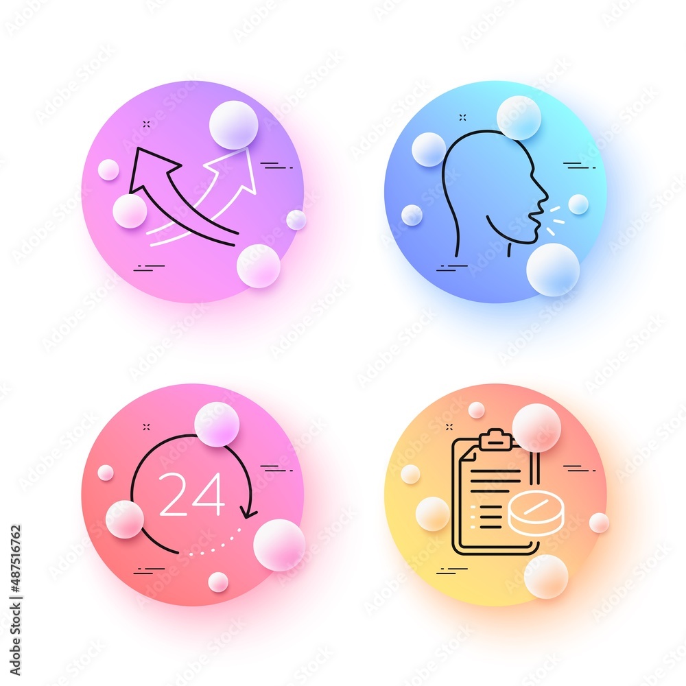Cough, 24 hours and Medical prescription minimal line icons. 3d spheres or balls buttons. Intersection arrows icons. For web, application, printing. Coronavirus symptom, Time, Medicine drugs. Vector Cough, 24 hours and Medical prescription minimal line icons. 3d spheres or balls buttons. Intersection arrows icons. For web, application, printing. Coronavirus symptom, Time, Medicine drugs. Vector