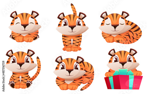 Cute tiger cub cartoon character, funny animal. Set of cute little tiger characters with gift box, air balloon, celebrate, jump, stand, smile