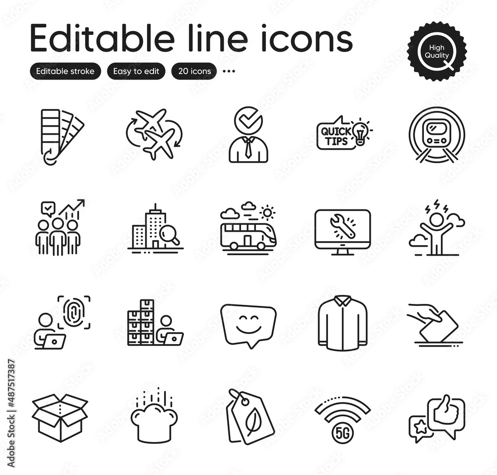 Set of Business outline icons. Contains icons as Vacancy, Palette and Bio tags elements. Like, Shirt, Voting ballot web signs. Bus travel, Difficult stress, Monitor repair elements. Vector