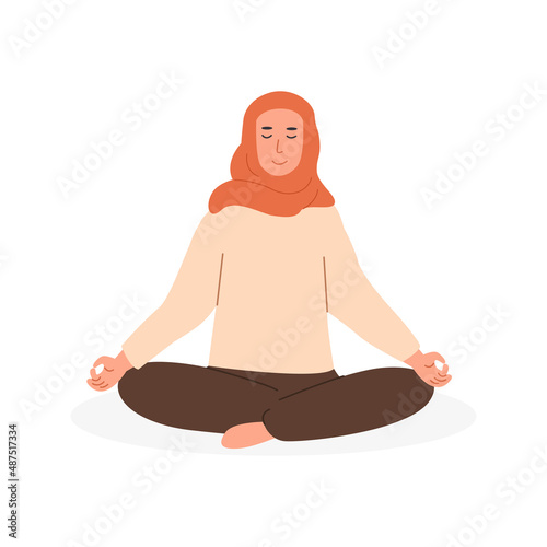 Modern young muslim female with crossed legs and closed eyes meditating and performing yoga breathing exercise. Woman practicing Pranayama and meditation. Flat vector illustration isolated on white.