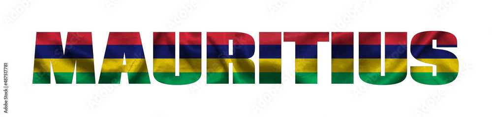 Inscription Mauritius in the colors of the waving flag of Mauritius. Country name on isolated background. image - 3D illustration.