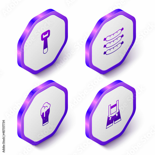 Set Isometric Bottle opener, Sausage, Glass of beer and Lederhosen icon. Purple hexagon button. Vector
