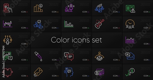 Set of New mail, Messages and Accounting line icons. Include Instruction manual, Puzzle, Teamwork chart icons. Bitcoin chart, Guitar, Mobile survey web elements. Teamwork, E-mail. Vector