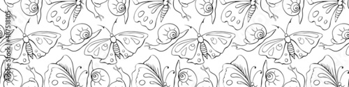 Vector seamless pattern of black outline butterflies and snails. Doodle style. Flower meadow. Cute texture on theme of nature, spring, summer, children print