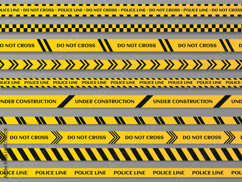 Black and yellow stripes vector police tape. Set of danger caution seamless tapes. Art design line of crime places.