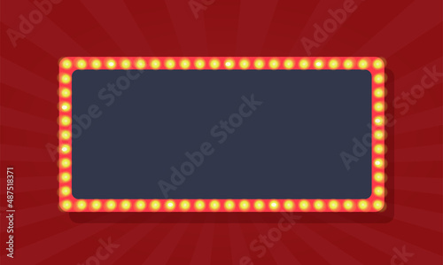 Light show frame for game background red rectangle vector with bulb glowing magical sign board flat cartoon illustration, cinema or circus banner with retro neon lamps blank empty copy space
