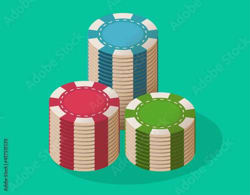 Chips for casino poker stack for gambling game vector isolated illustration, roulette coins pile red green blue color 3d isometric style