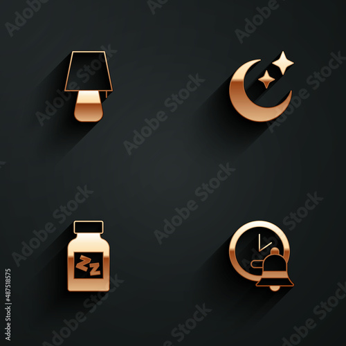 Set Table lamp, Moon and stars, Sleeping pill and Alarm clock icon with long shadow. Vector