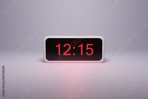 3d alarm clock displaying current time with hour and minute 12.15 12 am pm mid day - Digital clock with red numbers - Time to wake up, attend meeting or appointment
