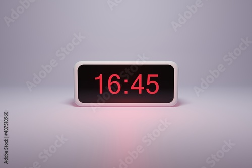 3d alarm clock displaying current time with hour and minute 16.45 16 am pm mid day - Digital clock with red numbers - Time to wake up, attend meeting or appointment