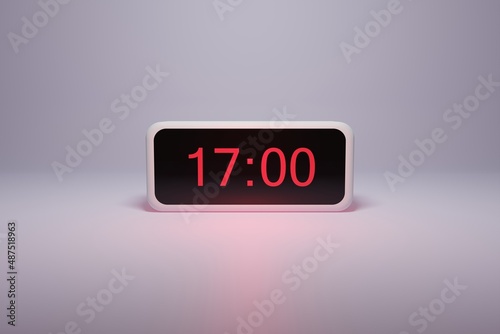 3d alarm clock displaying current time with hour and minute 17.00 17 am pm mid day - Digital clock with red numbers - Time to wake up, attend meeting or appointment