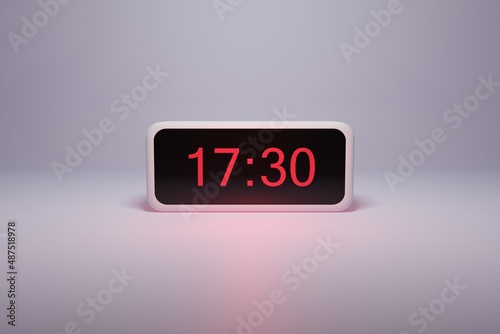 3d alarm clock displaying current time with hour and minute 17.30 17 am pm mid day - Digital clock with red numbers - Time to wake up, attend meeting or appointment