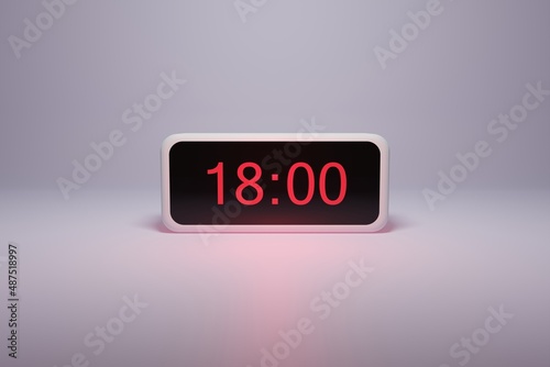 3d alarm clock displaying current time with hour and minute 18.00 18 am pm mid day - Digital clock with red numbers - Time to wake up, attend meeting or appointment