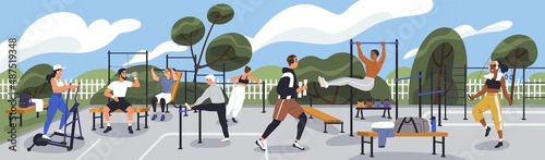 Street workout park with people training, exercising. Outdoor sports area with equipment, facilities for working out, stretching, cardio and strength physical activity. Flat vector illustration