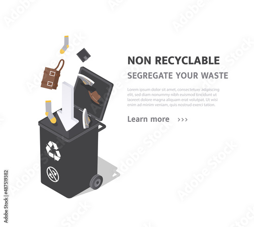 Sorting NON recyclable waste. Special trash can, landing page and stylish website design. Eco activists and concern for environment. Planet and responsibility. Cartoon flat vector illustration