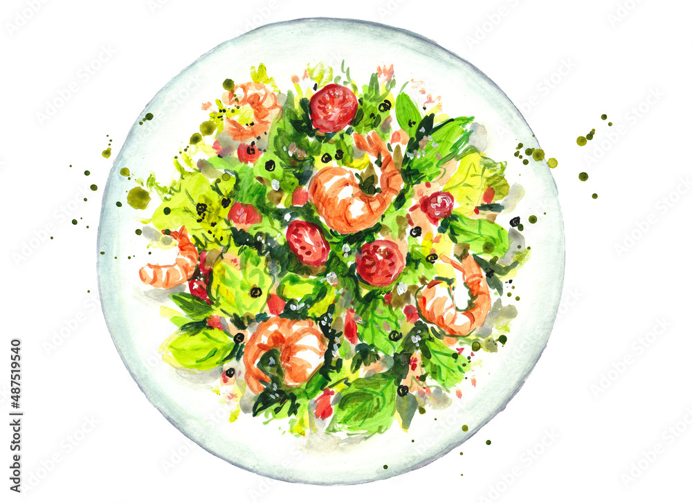 Watercolor salad with shrimps. Food illustration. Watercolor salad with shrimps. Food illustration.