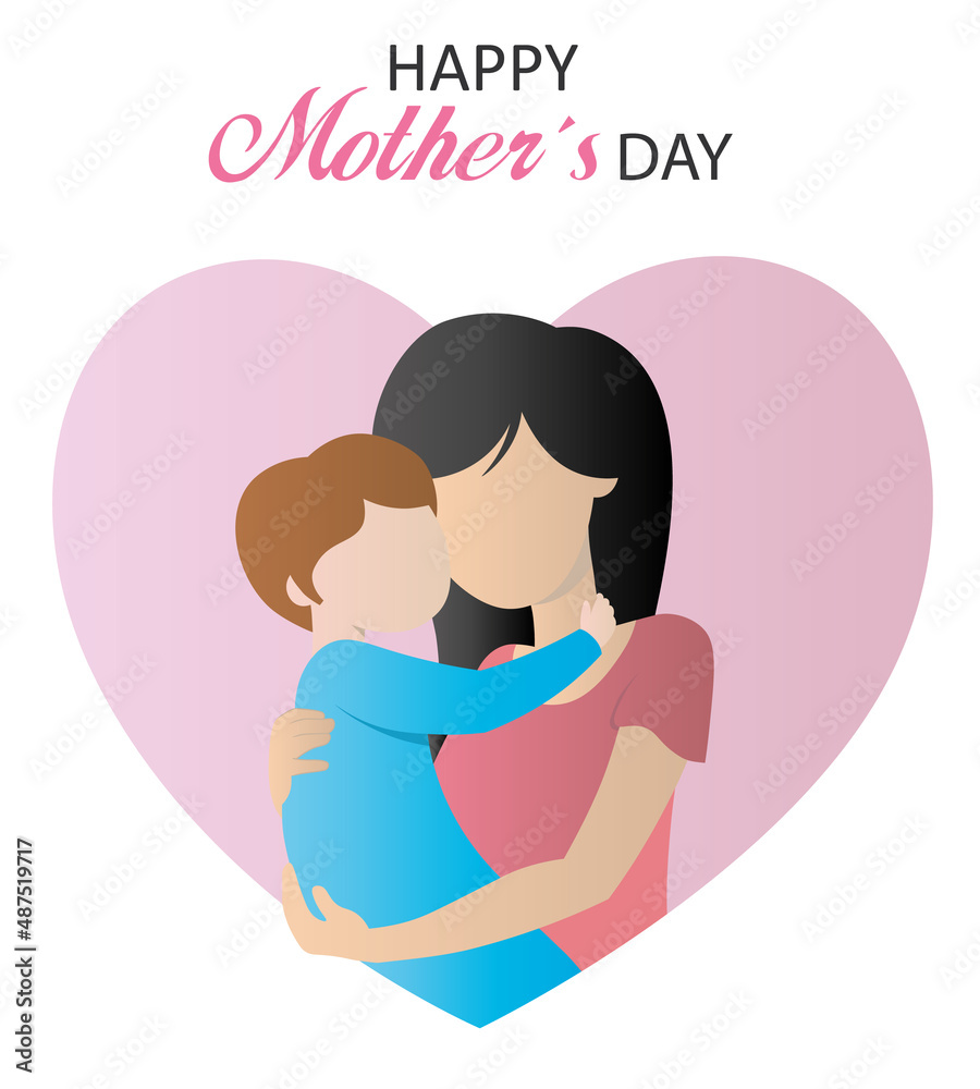 Happy Mother's Day. Mother and son embracing inside a heart Happy Mother's Day. Mother and son embracing inside a heart