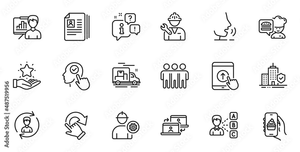 Outline set of Repairman, Presentation board and Chef line icons for web application. Talk, information, delivery truck outline icon. Include Select user, Cv documents, Opinion icons. Vector Outline set of Repairman, Presentation board and Chef line icons for web application. Talk, information, delivery truck outline icon. Include Select user, Cv documents, Opinion icons. Vector