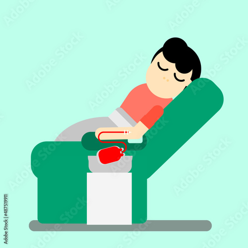 flat design male characters donating blood,donates blood, blood bag and hand vector.