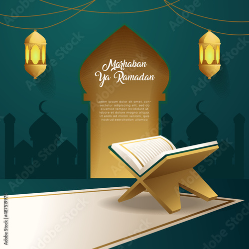 Quran Elegant With lamp Ramadan Kareem Concept Islamic Culture Green Background