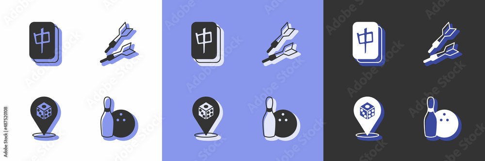 Set Bowling pin and ball, Mahjong pieces, Game dice and Dart arrow icon. Vector Set Bowling pin and ball, Mahjong pieces, Game dice and Dart arrow icon. Vector