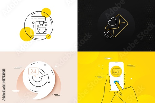 Minimal set of Coffee maker, 24 hours and Love letter line icons. Phone screen, Quote banners. Cyber attack icons. For web development. Tea machine, Repeat, Heart. Web ddos. Vector