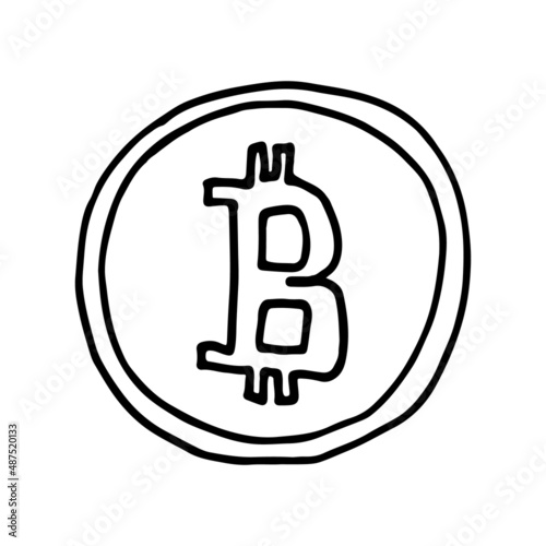 Bitcoin coin isolated on a white background. Gold money. Doodle vector illustration.