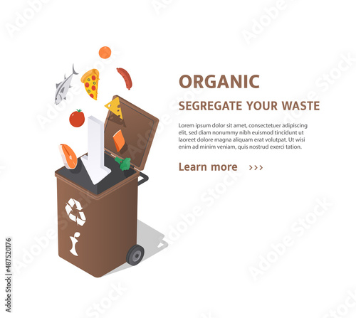 Sorting organic waste. Special box for food. Product processing. Modern technologies for care of planet and environment, responsibility for future and society. Cartoon flat vector illustration