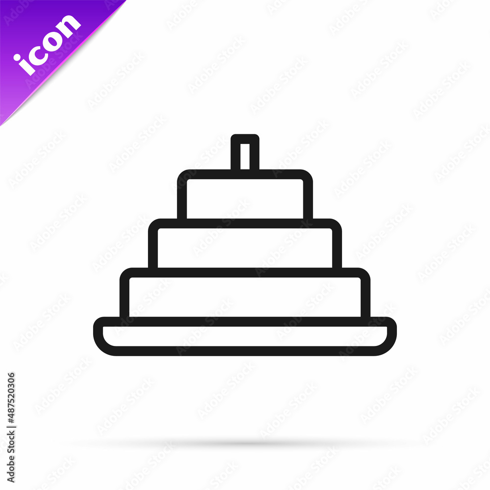 Black line Cake with burning candles icon isolated on white background. Happy Birthday. Vector Black line Cake with burning candles icon isolated on white background. Happy Birthday. Vector