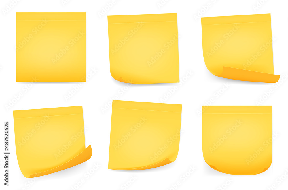 Realistic square yellow paper sticky memo notes. Office reminder sticker pages with curled corners. Yellow stick note isolated on white background, vector illustration Realistic square yellow paper sticky memo notes. Office reminder sticker pages with curled corners. Yellow stick note isolated on white background, vector illustration