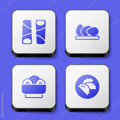 Set Guotie, Chicken egg, Chow mein on plate and Dumpling icon. White square button. Vector
