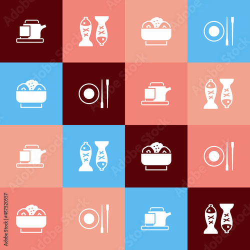 Set pop art Traditional tea ceremony, Served fish plate, Chow mein and Food chopsticks with icon. Vector