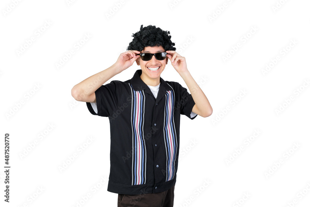 Awesome guy with sunglasses, smiling looking at camera. Isolated on white background. Latin 18-20 years old guy. Awesome guy with sunglasses, smiling looking at camera. Isolated on white background. Latin 18-20 years old guy.