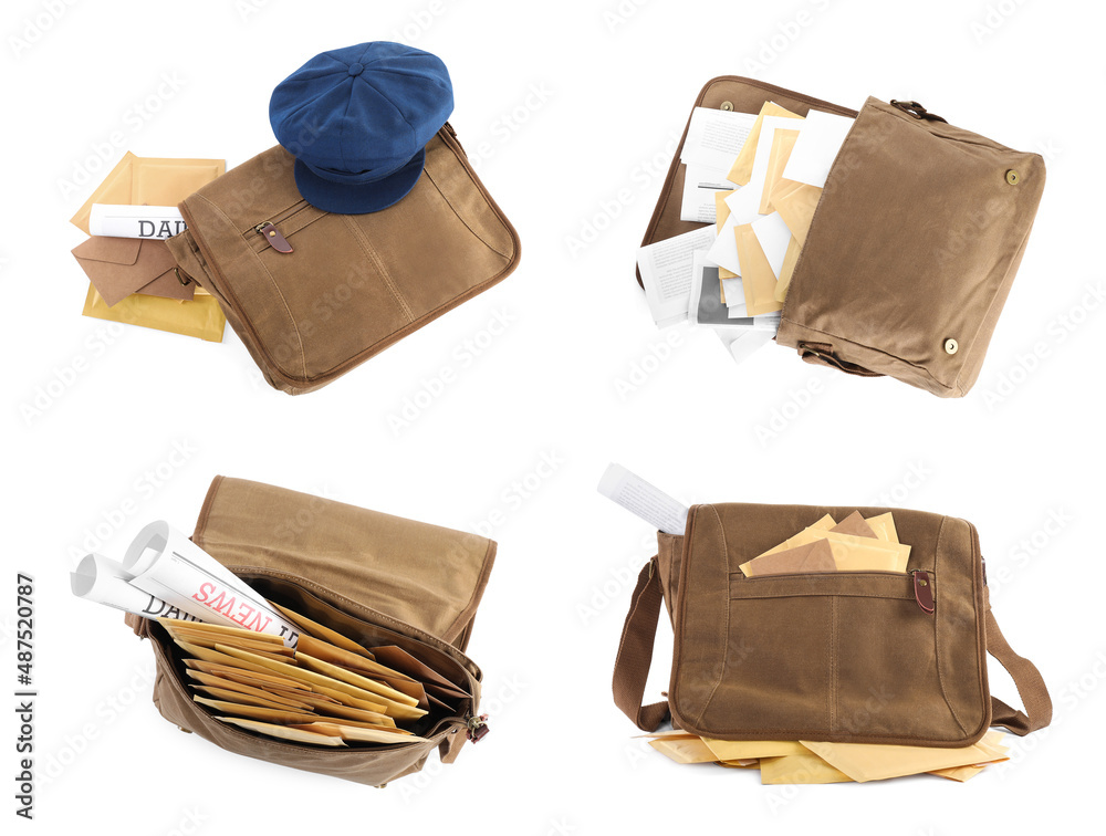Set with different postman's bags with mails and newspapers on white background, top view Set with different postman's bags with mails and newspapers on white background, top view