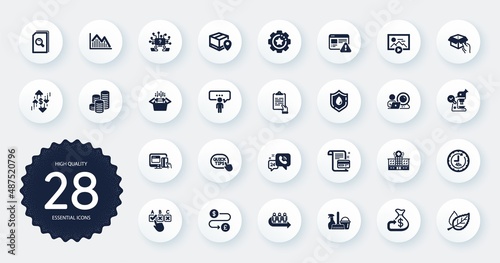 Set of Business icons, such as Cashback, Microscope and Household service flat icons. Teamwork question, Consulting business, 48 hours web elements. Money transfer, Leaf. Circle buttons. Vector