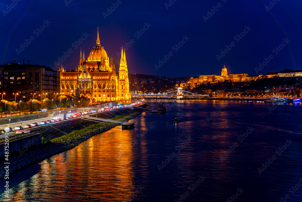 Hungary, budapest. Wonderful architecture at night. Beautiful landscape on the parliament on the river. Wonderful mesmerizing view of the city at night illuminated by lights on the danube river
