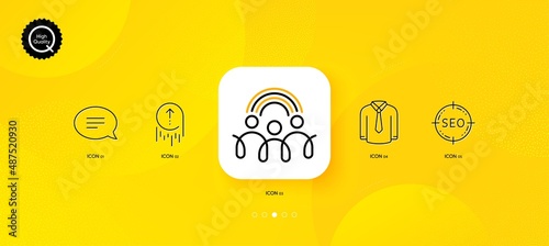 Inclusion, Chat and Swipe up minimal line icons. Yellow abstract background. Shirt, Seo icons. For web, application, printing. Equity rainbow, Speech bubble, Scrolling page. Casual wear. Vector