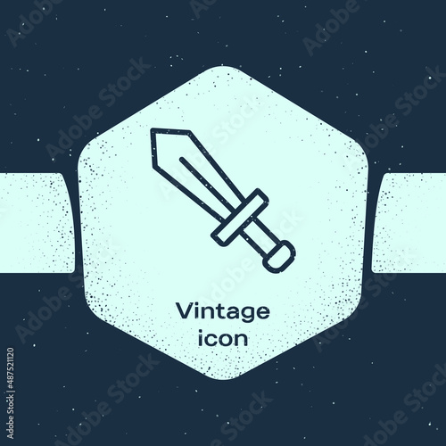 Grunge line Sword for game icon isolated on blue background. Monochrome vintage drawing. Vector