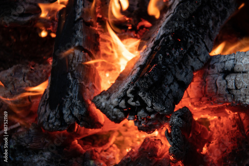 close-up of burning firewood wisth small flame