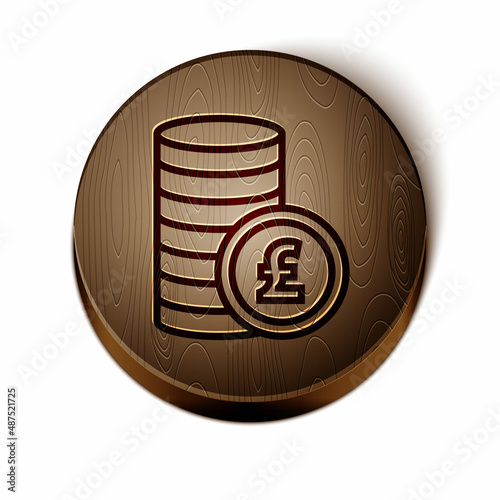 Brown line Coin money with pound sterling symbol icon isolated on white background. Banking currency sign. Cash symbol. Wooden circle button. Vector