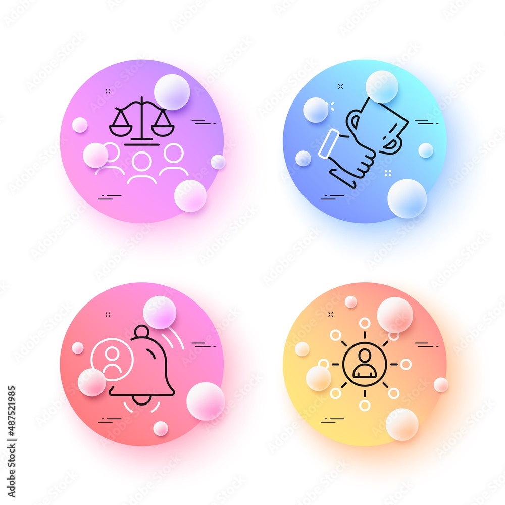 Networking, Court jury and Winner cup minimal line icons. 3d spheres or balls buttons. User notification icons. For web, application, printing. Vector Networking, Court jury and Winner cup minimal line icons. 3d spheres or balls buttons. User notification icons. For web, application, printing. Vector