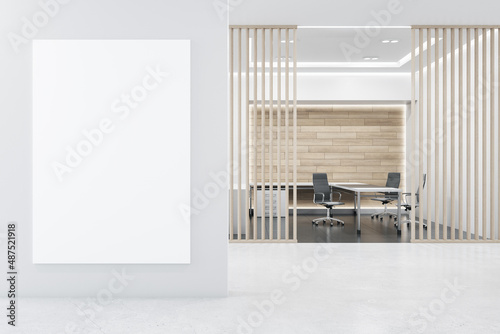 Modern wooden and concrete office interior with empty mock up place on wall, furniture and blinds. Design and architecture concept. 3D Rendering.