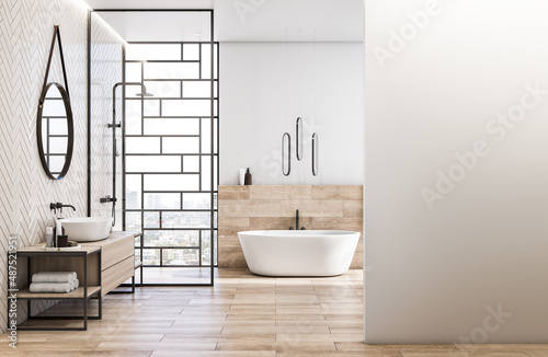 Modern stylish bathroom interior with wooden flooring  mock up place on concrete wall and window with city view  daylight. Design and hotel style concept. 3D Rendering.