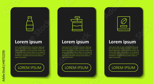 Set line Milk bottle, French press and Coffee book. Business infographic template. Vector