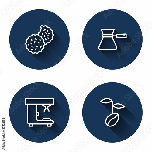 Set line Cookie or biscuit, Coffee turk, machine and beans with long shadow. Blue circle button. Vector