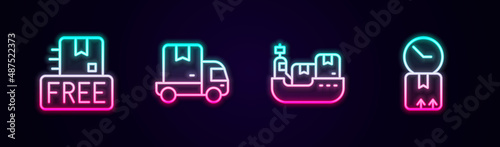 Set line Cardboard box with free symbol, Delivery cargo truck, Cargo ship boxes delivery and clock. Glowing neon icon. Vector