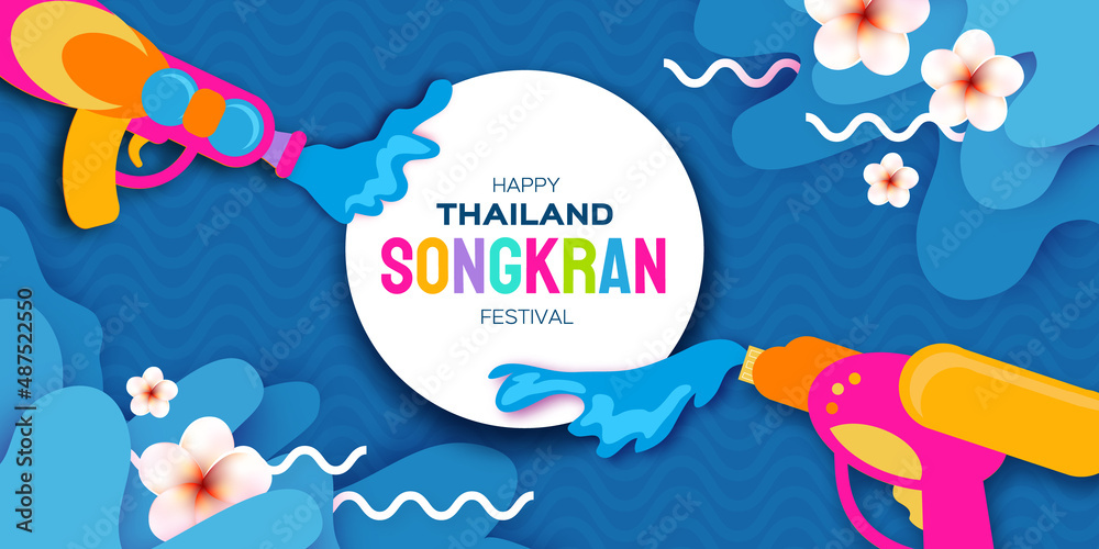 Songkran Festival with Blue water splash. Thailand New Year. Thai happy asian holidays. Water festival party.