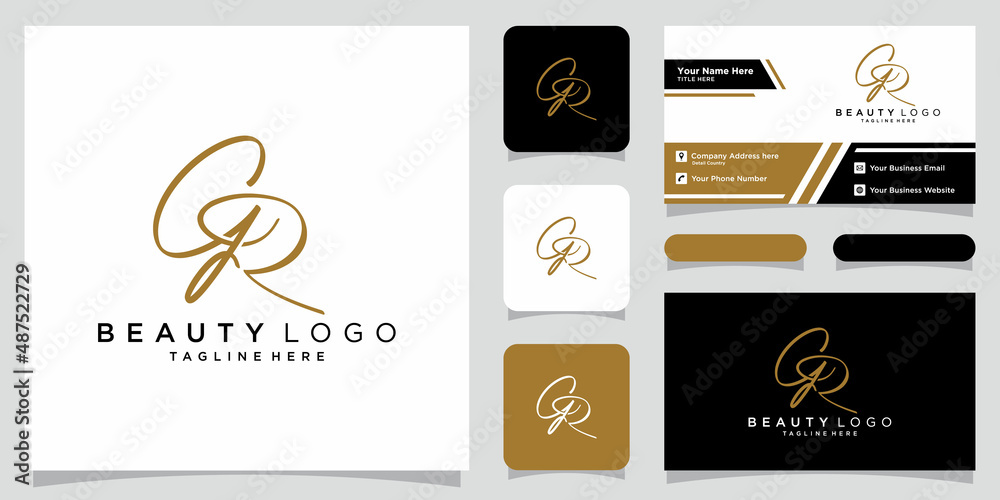 GR Initial handwriting logo vector with business card design - obrazy, fototapety, plakaty 