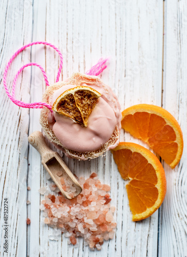 soap with citrus impurities on a white background. handmade